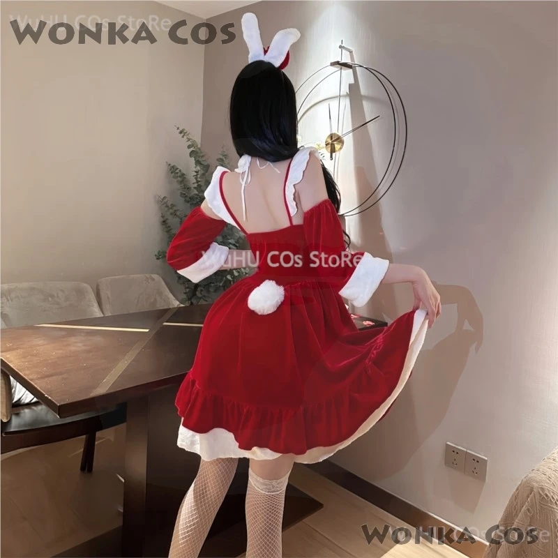 여성용 크리스마스 코스프레 코스튬 세트, 산타 벨벳 토끼 소녀 란제리, 크리스마스 할로윈 파티 코스프레 원피스, 멋진 세트, 2024