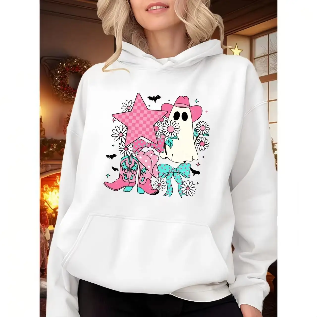 

"Cute Halloween Ghost Hoodie Women Oversized Casual Sweatshirt Pink Hat Bow Graphic Tee Fun Fall Outfit Gift for Her"