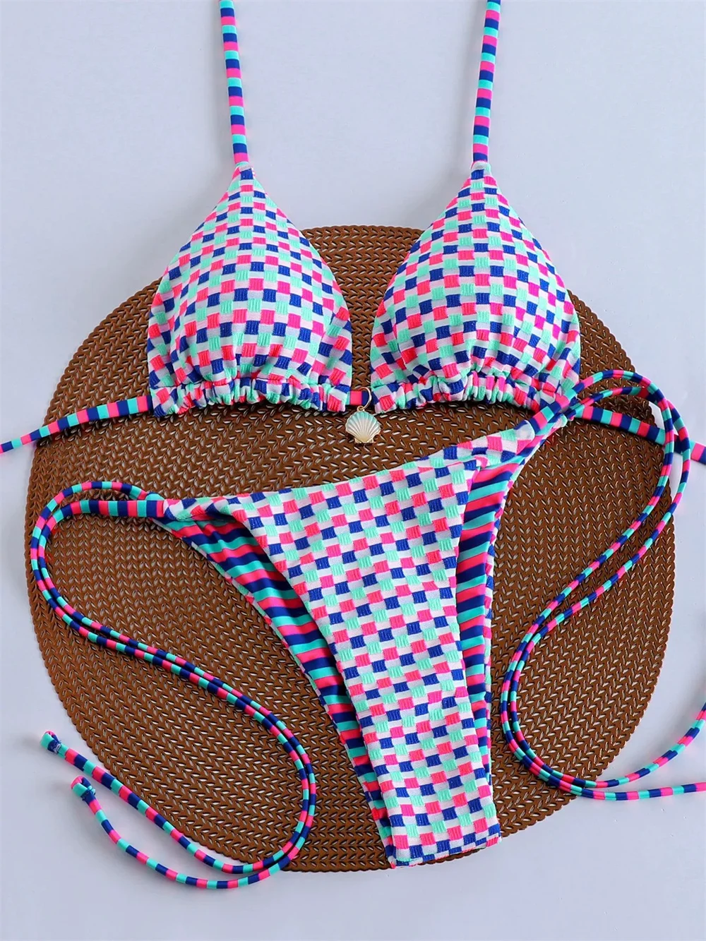 Sexy Contrast Color Plaid Bikini Patchwork Striped Y2k Swimsuit Women String Micro Thong Lace Backless Swimwear Beach Outfit Set