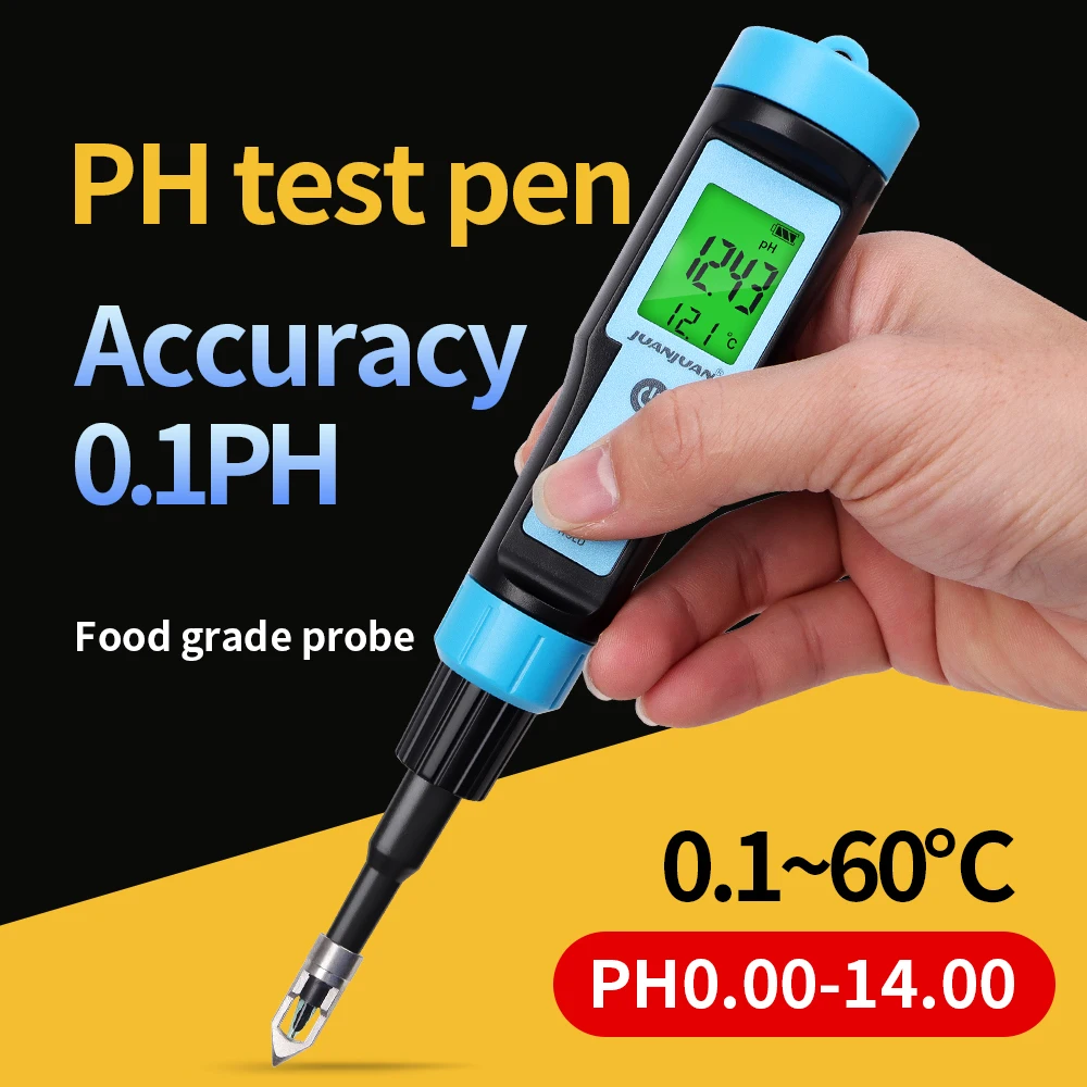 Digital PH Tester Electrodes 0.00~14.00pH 0.1-60℃ Temp Food Dough Water Fruit Cheese Meat Canning Soil Acidity Meter Backlight