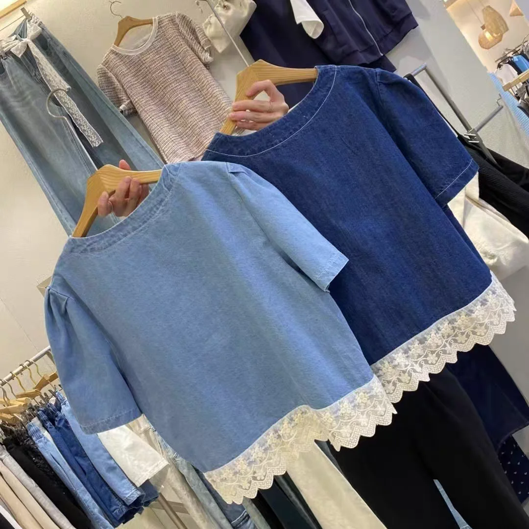 

Retro Loose Lace Splice round Ne ort Sve Denim Jaet Women Summer Dongda Gate New Sle Commute Sle Regular Thin