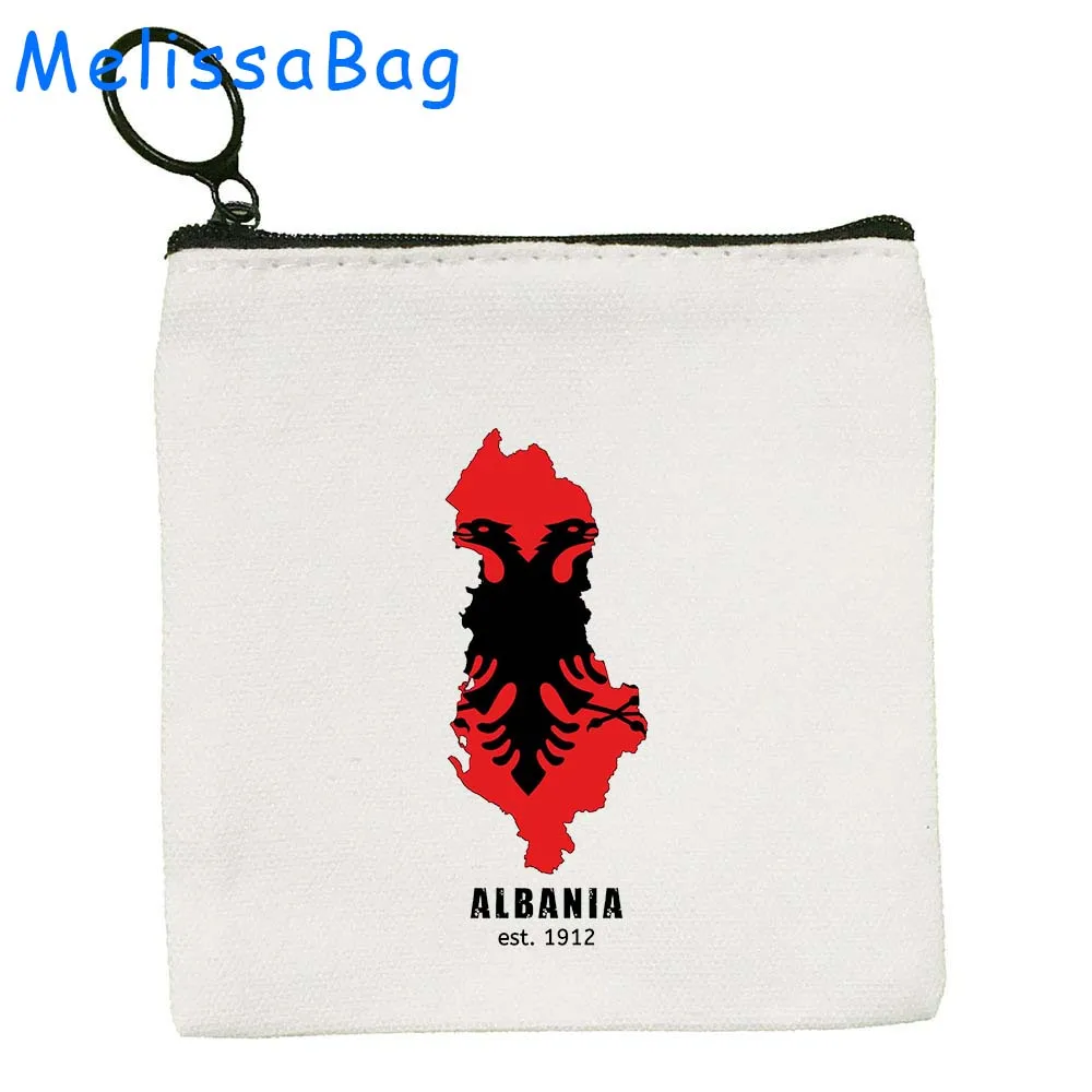 Tirana Berat Albania Country Map Flag Heart Gift Canvas Coin Purse Canvas Bag Small Square Key Bag Storage Card Bag Zipper Pouch