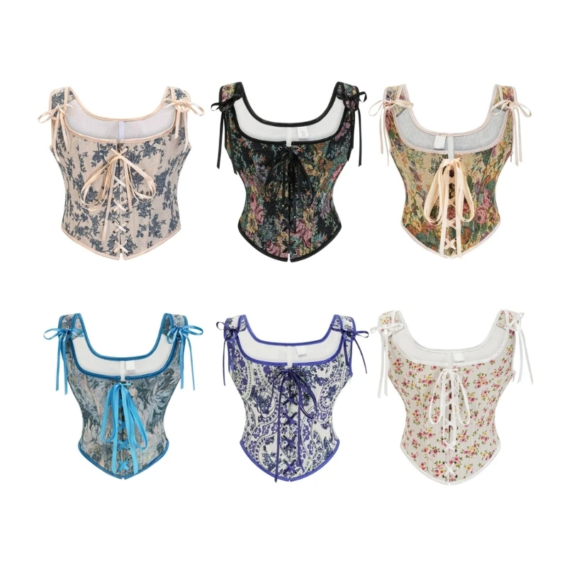 Women Sexy Cropped Tube Top Painterly Jacquard Corset Bustiers Shapewear Push Up Corset Ribbon Painterly