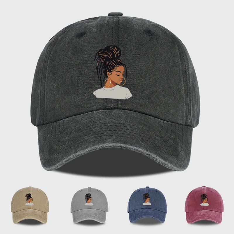 Vintage-Washed Baseball Cap with African Queen Print – Adjustable, Perfect for Everyday Street Style and Girly Looks