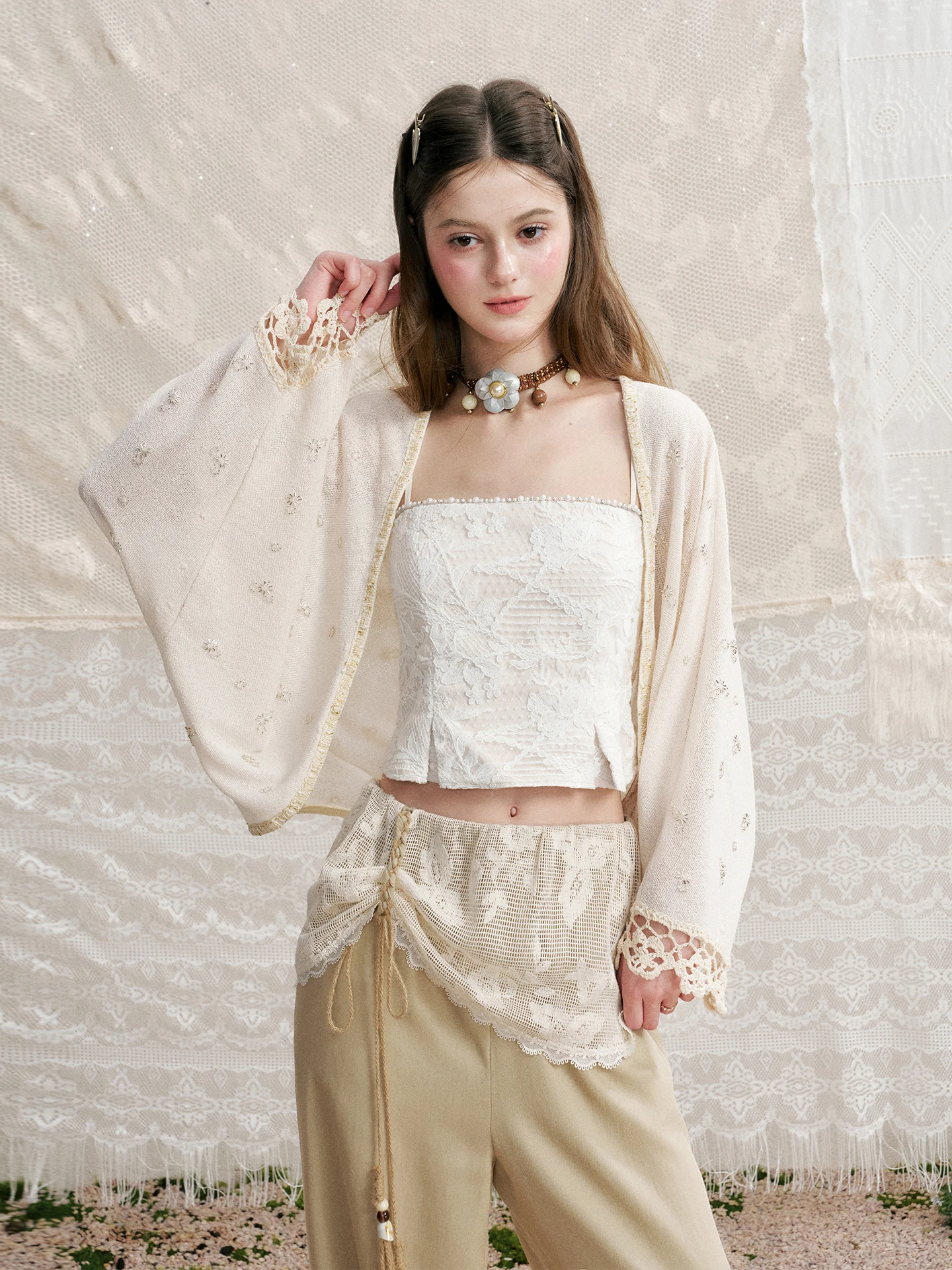 

Retro Sweet Lazy Style Bead Embroidery Lace Knitted Open Cardigan Women's Shawl Short Jacket Spring Summer New Arrival Casual...