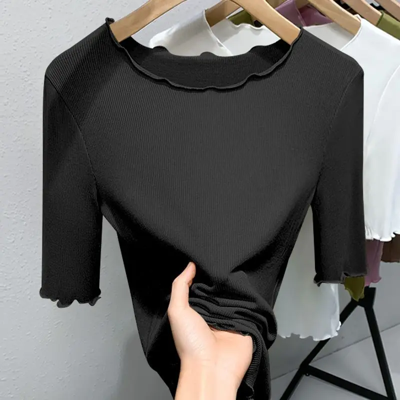 แฟชั่นO-คอสีทึบเสื้อเกาหลีเสื้อผ้าผู้หญิง2025ฤดูร้อนใหม่Slim Casual Pullovers Tops All-Matchเสื้อ