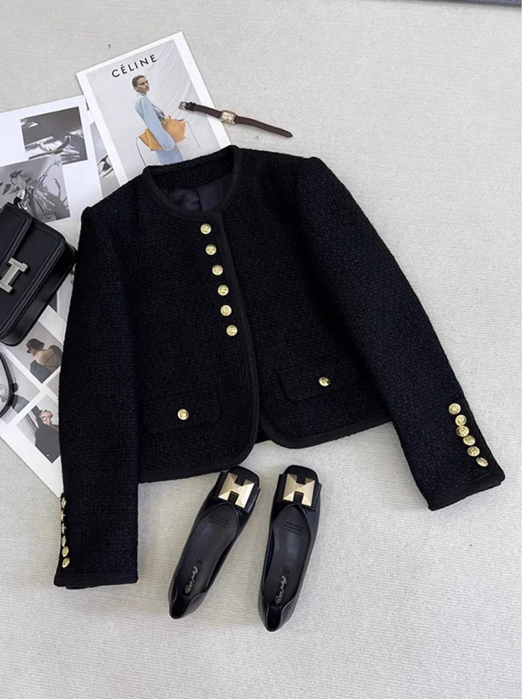 Zoki Korean Tweed Jackets Women Vintage Design Long Sleeve Black Coat Tops Female Casual O Neck Retro Sweet Elegant Outwear New