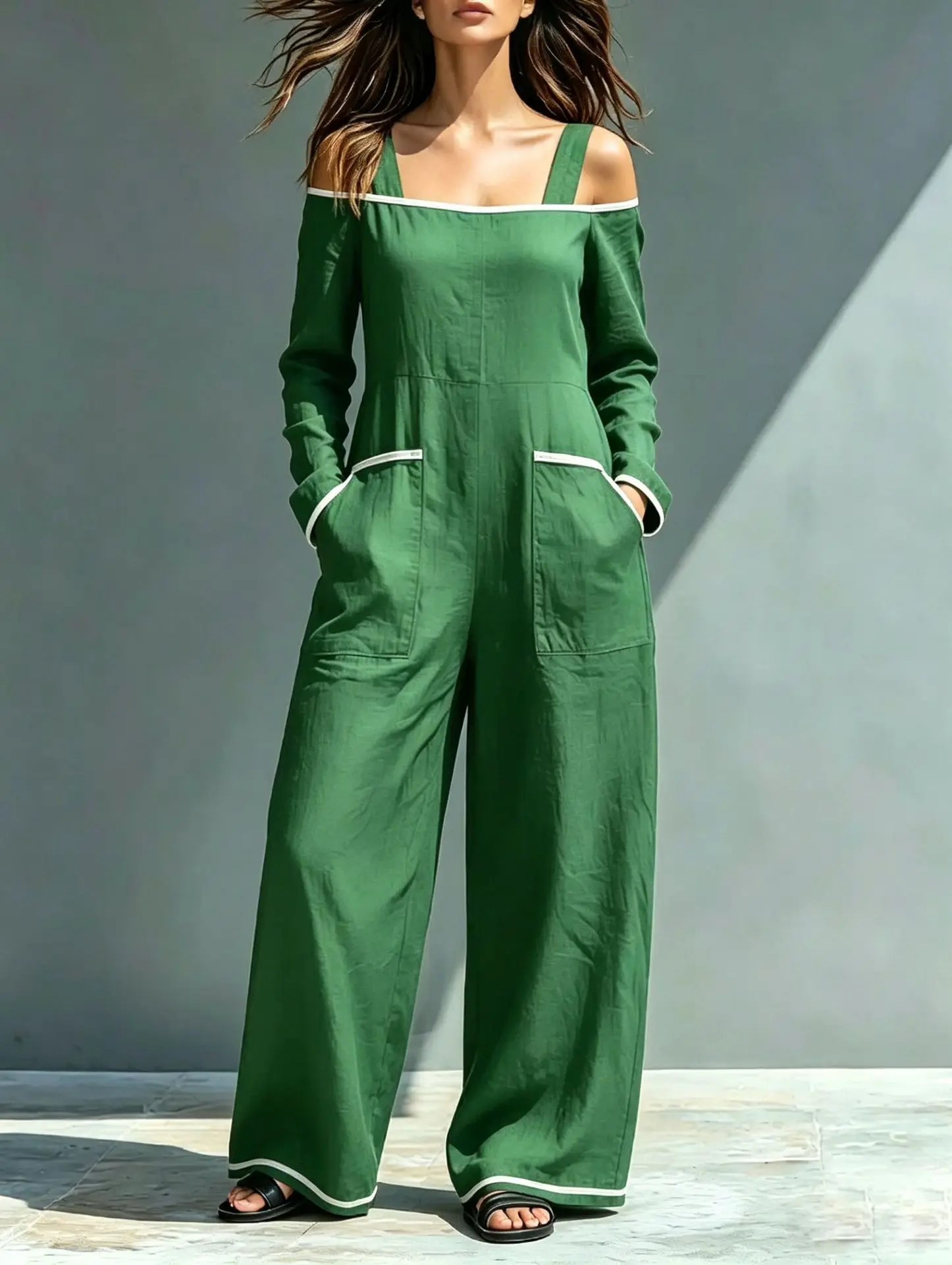 Loose Jumpsuit With Contrasting Colors Simple Fashionable Autumn Winter Street Style One-shoulder Long-sleeved Wide-leg Overalls