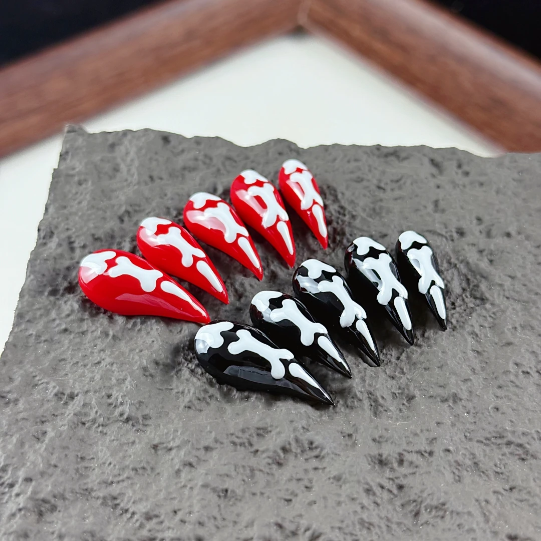 10pcs High-end Sweet and cool girl style, hand-painted bone patterns, red and black contrast, dragon claws handmade fake nails