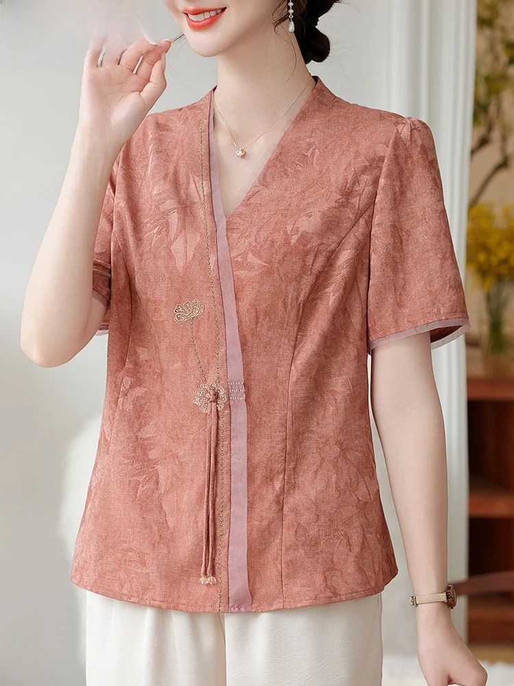 

Young Mom Summer Outfit Lady's New Chinese Sle ort Sve irt Top Loose Fit Faionable V-Ne Two-Piece Set for Middle...