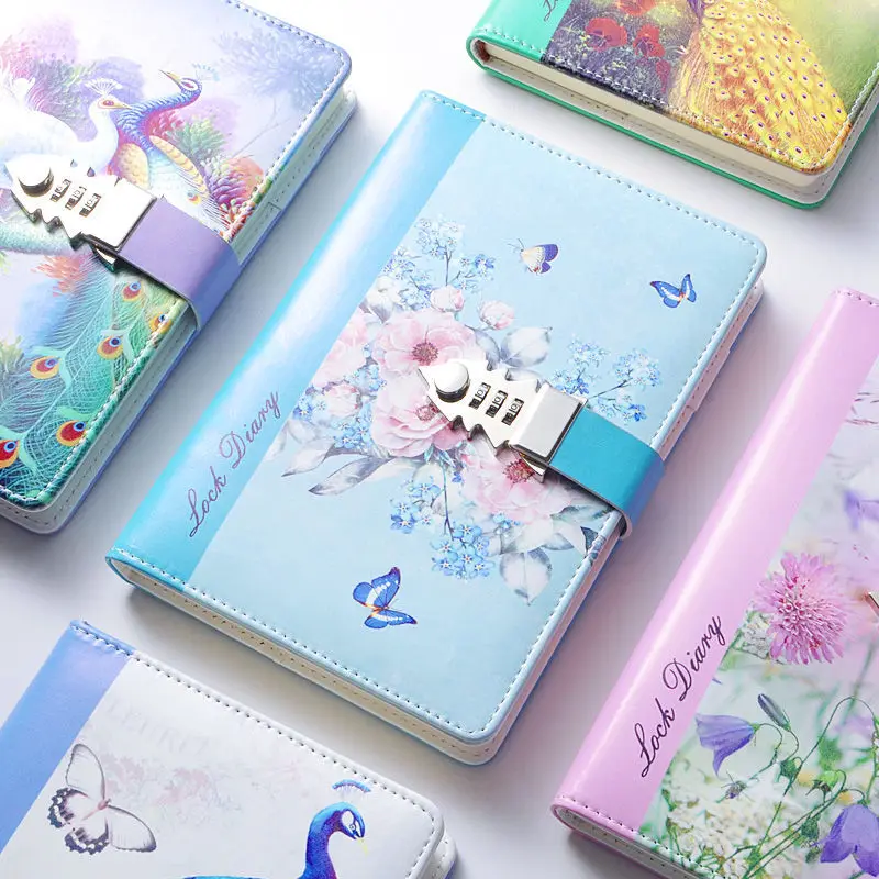 A5  Notebook Password With Lock Leather Notepad Agenda Weeks Diary Month Planner School Stationery Classics Peacock As Gift