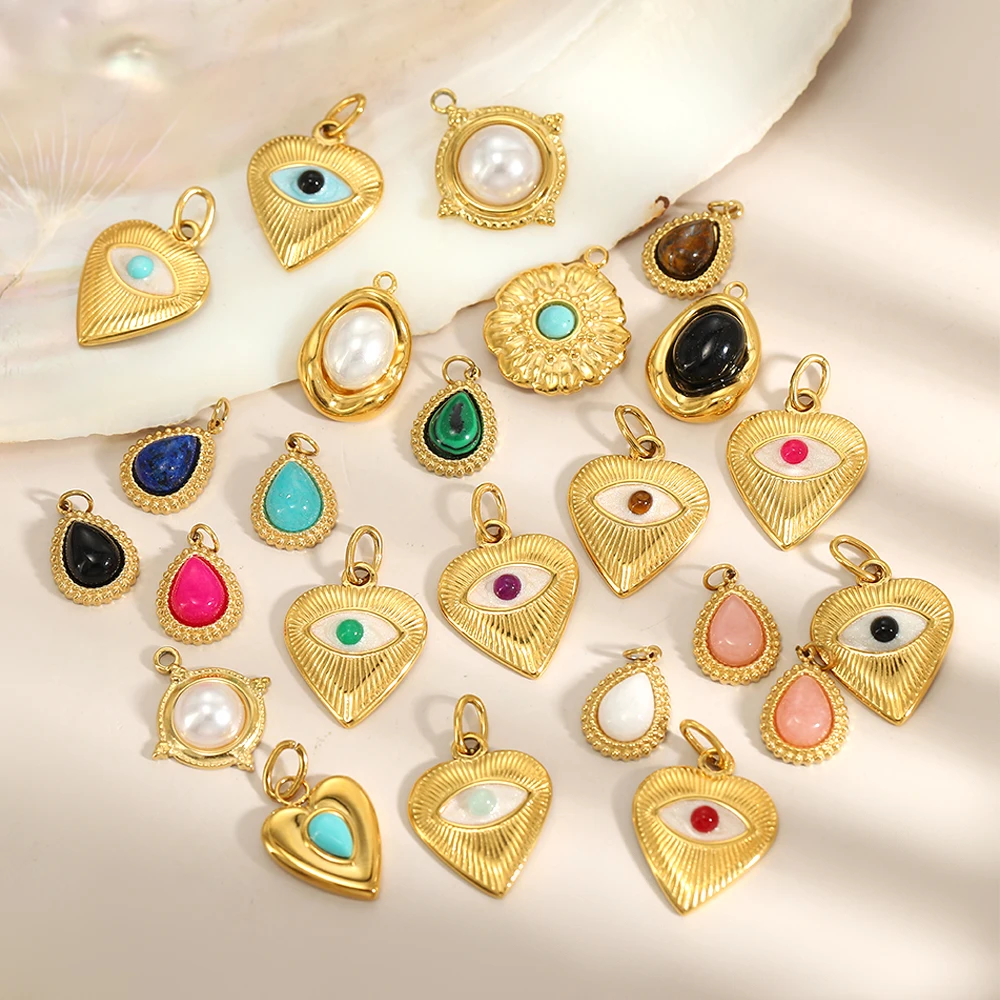 

CARLIDANA Gold Plated Evil Eye Heart Pendant Good Luck Natural Stone Charms Devil Eye Charm Pendant for Earrings Necklace Making