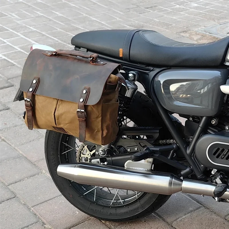 Vintage Waxed Canvas Leather Messenger Bag Men Durable Camera Shoulder Bag Retro Motorcycle Side Bag Rear Seat Bag