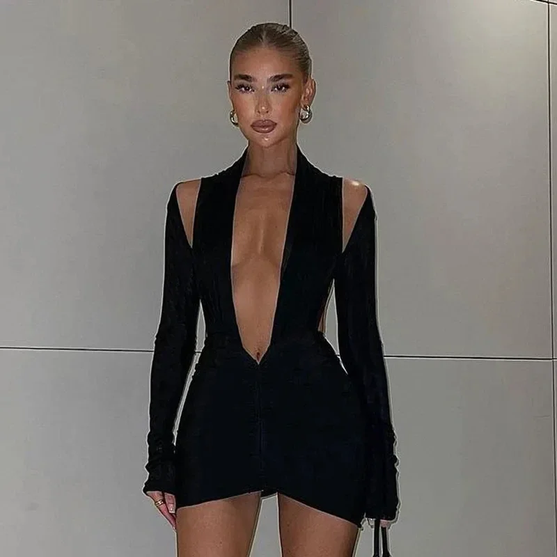 

Fmxiers 2025 Women Sexy Bodycon Long Sleeve Halter Deep V Neck Backless Pleated Solid Slim Fit Skinny Dress for Cocktail Party