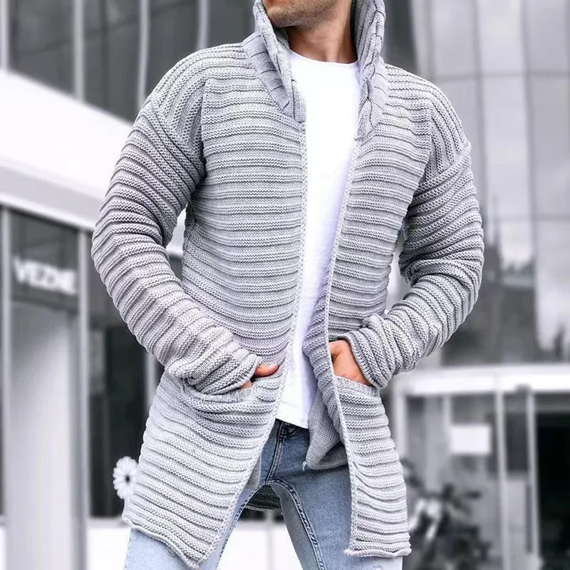 

Autumn Winter Men Solid Color Knitted Sweater Turtleneck Cardigan Jacquard Long Jacket Coat Long-Sleeve Warm Slid Lapel Clothing