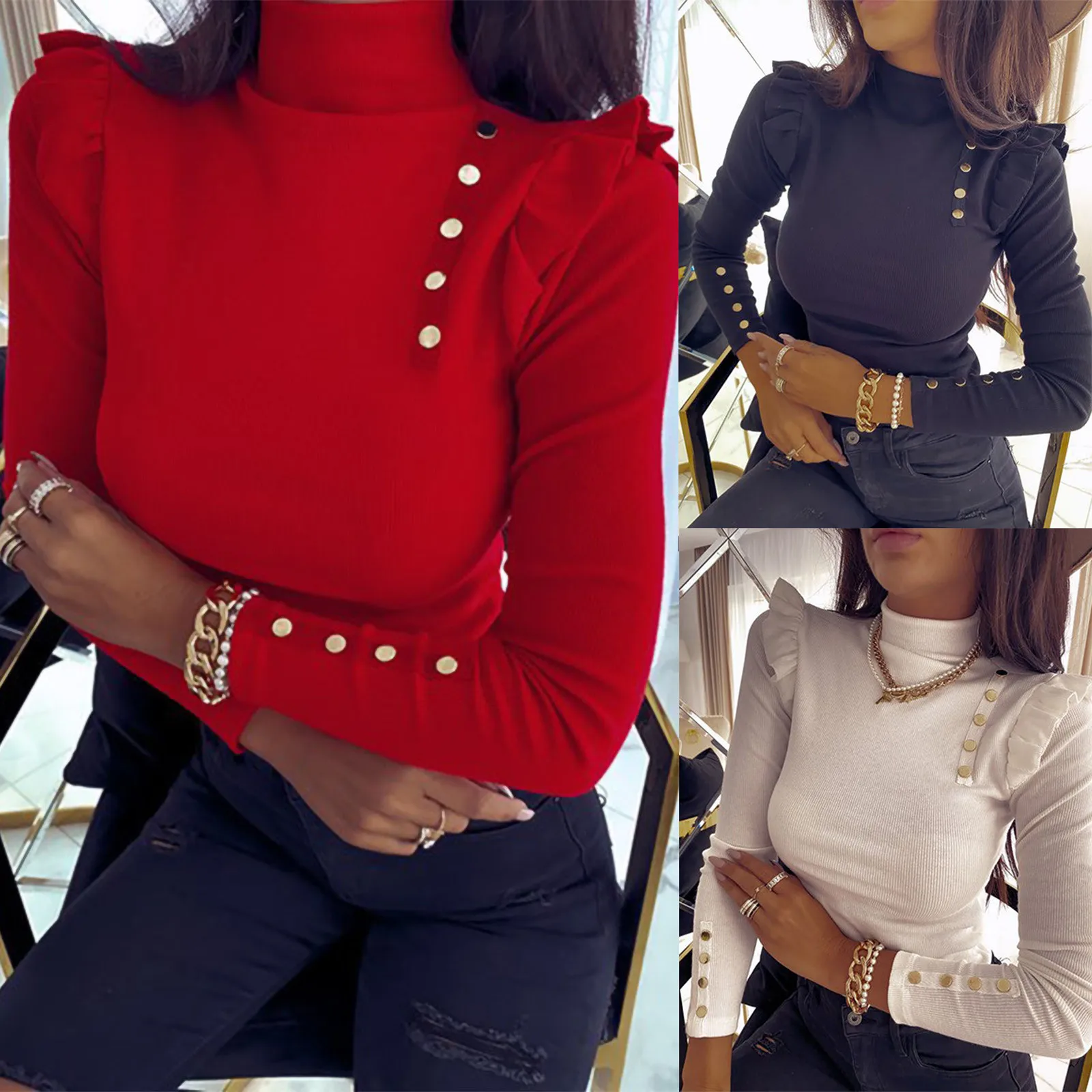 2024 New Women\'s Sweater Autumn and Winter Slim Button Decoration Long Sleeve Knitted Shirt Street Pullover