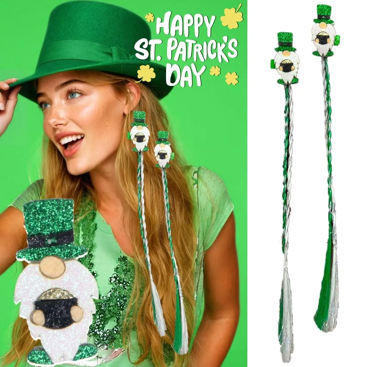 St. Patrick's Day Hair Accessories Fashion Hair Clips Glittery Hats Bow Accessory Strands Braids Duckbill Clip Women Girl Gifts