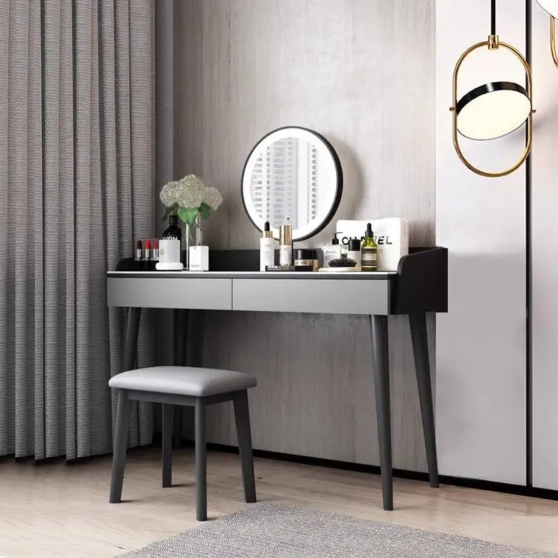 

Simple Mirror Makeup Table Stool Storage Led Modern Drawer Vanity Desk Seat Black Living Room Coiffeuse Dressers For Bedroom