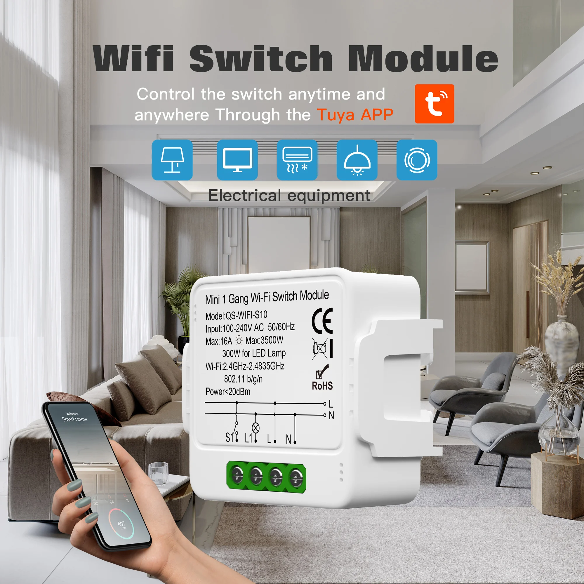 16A Tuya Smart WiFi Switch Module 1/2/3/4 Gang Switch Mini Smart Breaker Smart Life Control Support Alexa Google Home