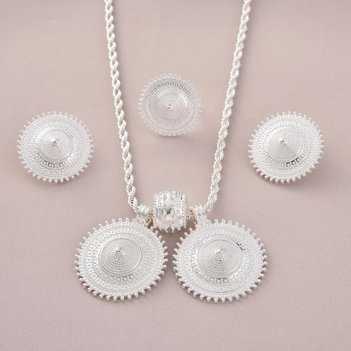 Classic Ethiopian Jewelry Sets Silver Color Double Pendant 3-Piece Sets African Eritrean Wedding Engagement Ethnic Gifts #152