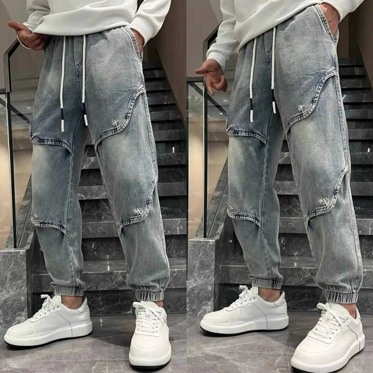 

Fall Large Size 300 Pou Heavy Du Trendy Brand Patchwork Cuffed Denim Jeans Men's Vintage Loose Elastic Waist Ankle Pants