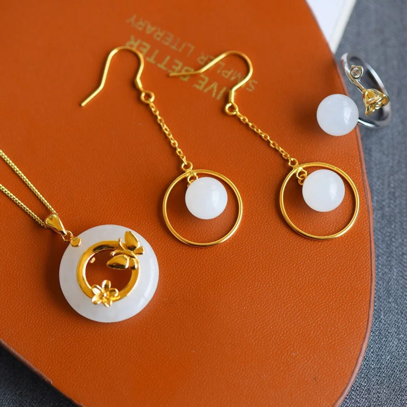 

S925 Серебро Позолоченный Инкрустация Hetian Peace Подвеска Белый Нефритовый Бусы Серьги Набор Кольц