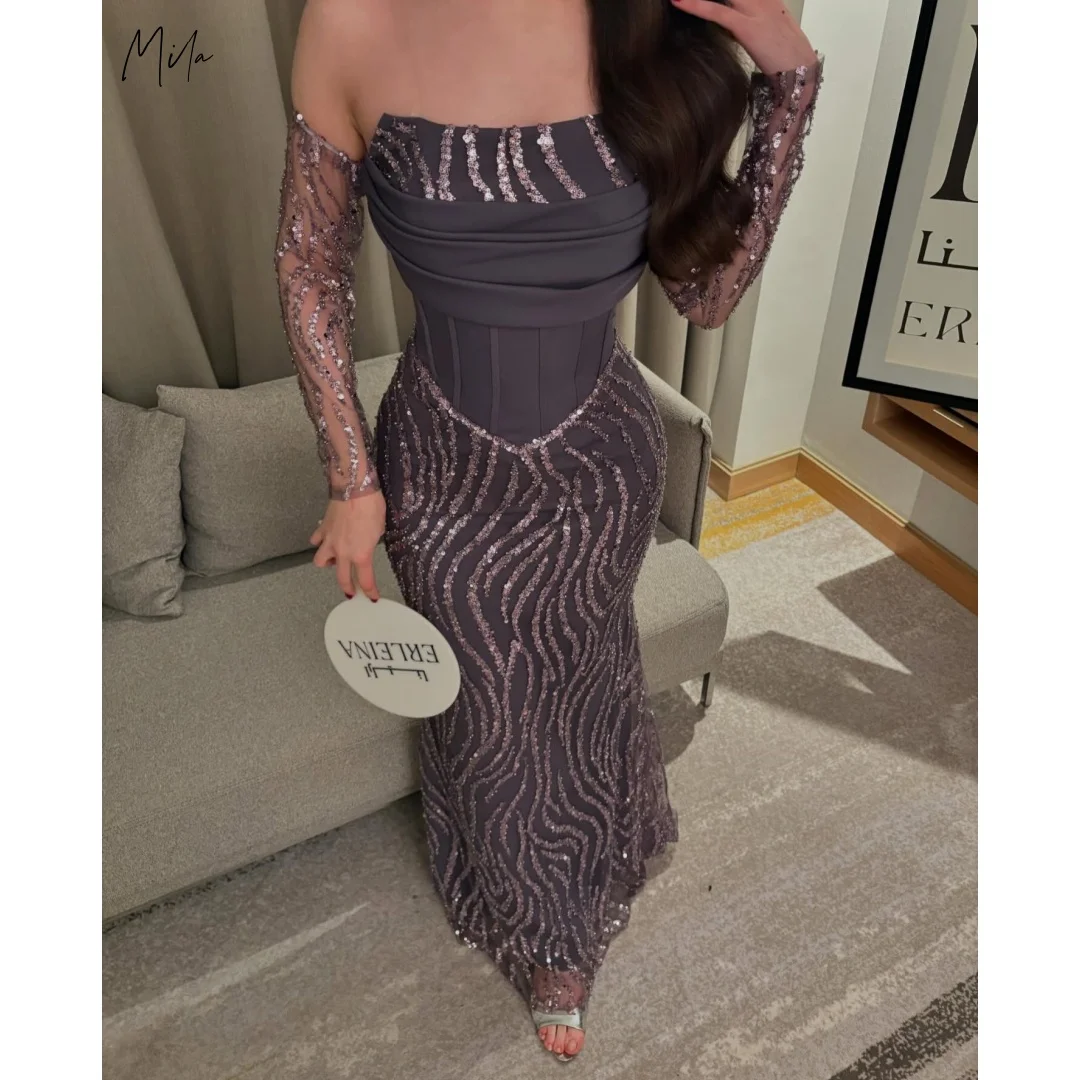 Mila gris clair violet épaules dénudées robes de bal paillettes vague maille manches longues coupe ajustée sirène personnalisé soirée formelle 2025