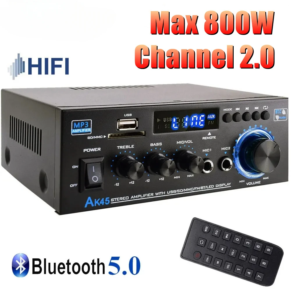 HiFi Digital Amplifier AK45 Bluetooth MP3 Channel 2.0 Sound AMP Support 90V-240V for Home Car MAX 400W*2