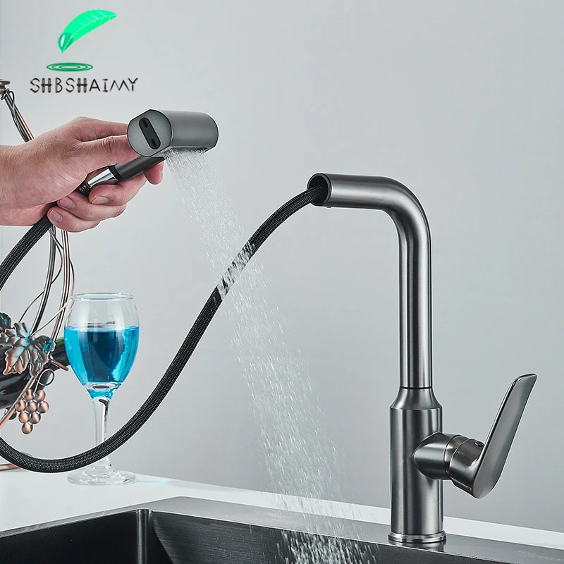 Gun Grey/Chrome Waterfall Kitchen Feiyu Faucet 4 Functions water Pull Out Stream Sprayer Hot Cold Single Hole Deck Mounte