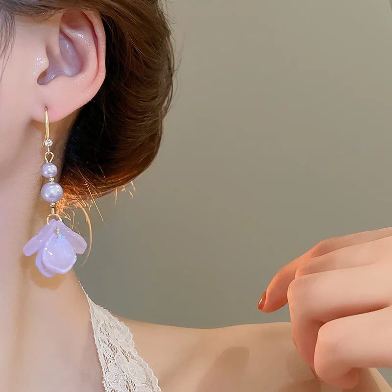 Purple Flower Drop Earrings for Women Imitation Pearl Tassel Ear Hook Sweet Petals Acrylic Ear Hangging Style Jewelry B image 3