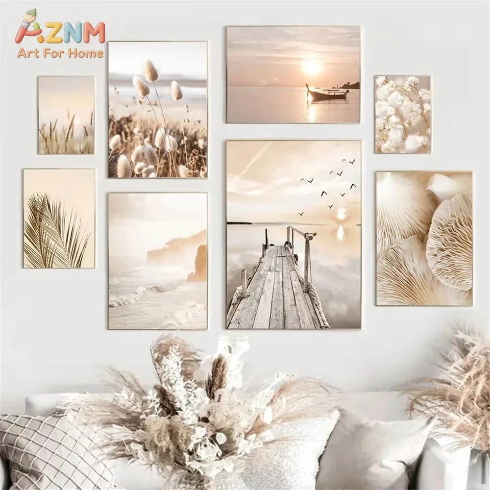 AZNM Beige Neutral Beach Sunset Canvas Wall Art Coastal Reed Wooden Pier Print Unframed Canvas Painting For Living Room Bedroom