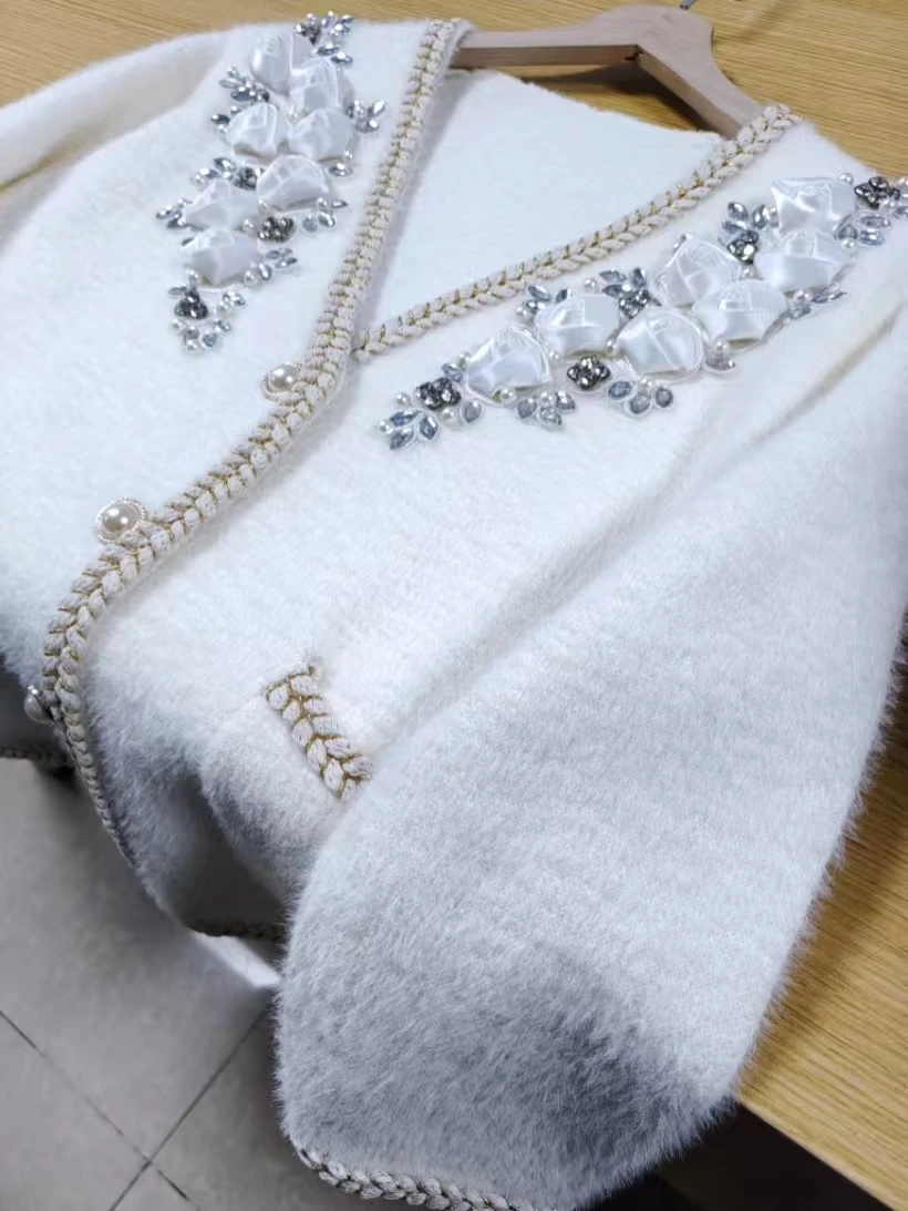 Real Photo 3D Flower Diamonds Stitch Knitwear Cardigan Coat For Women Thick Warm Winter Sweater Outwear Knitted Jacket