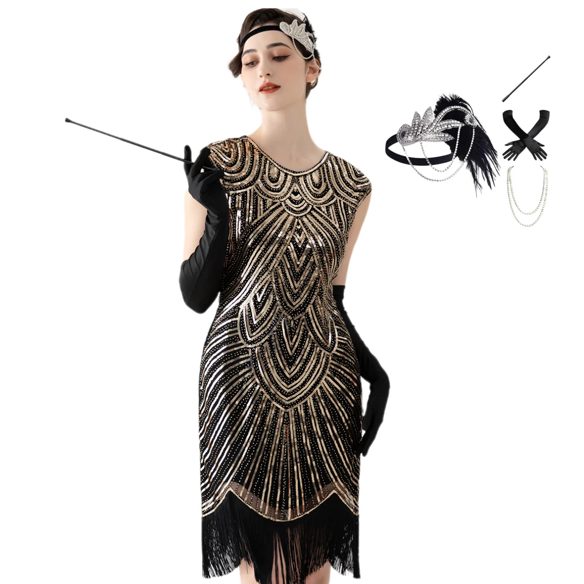 Women Flapper Dresses 1920S Vintage O-neck Flare Sleeve Fringe Sequin Dress Great Gatsby Cocktail Party Costume