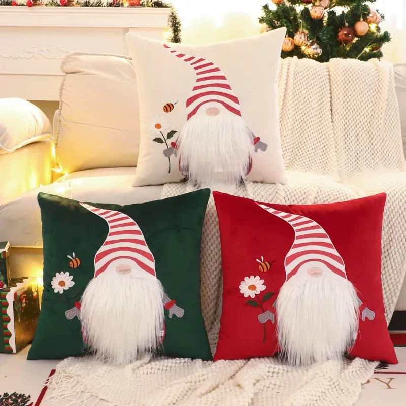1 PC Winter Plush Christmas Gnome Throw Pillow Cover Embroidery Home Decor for Living Room