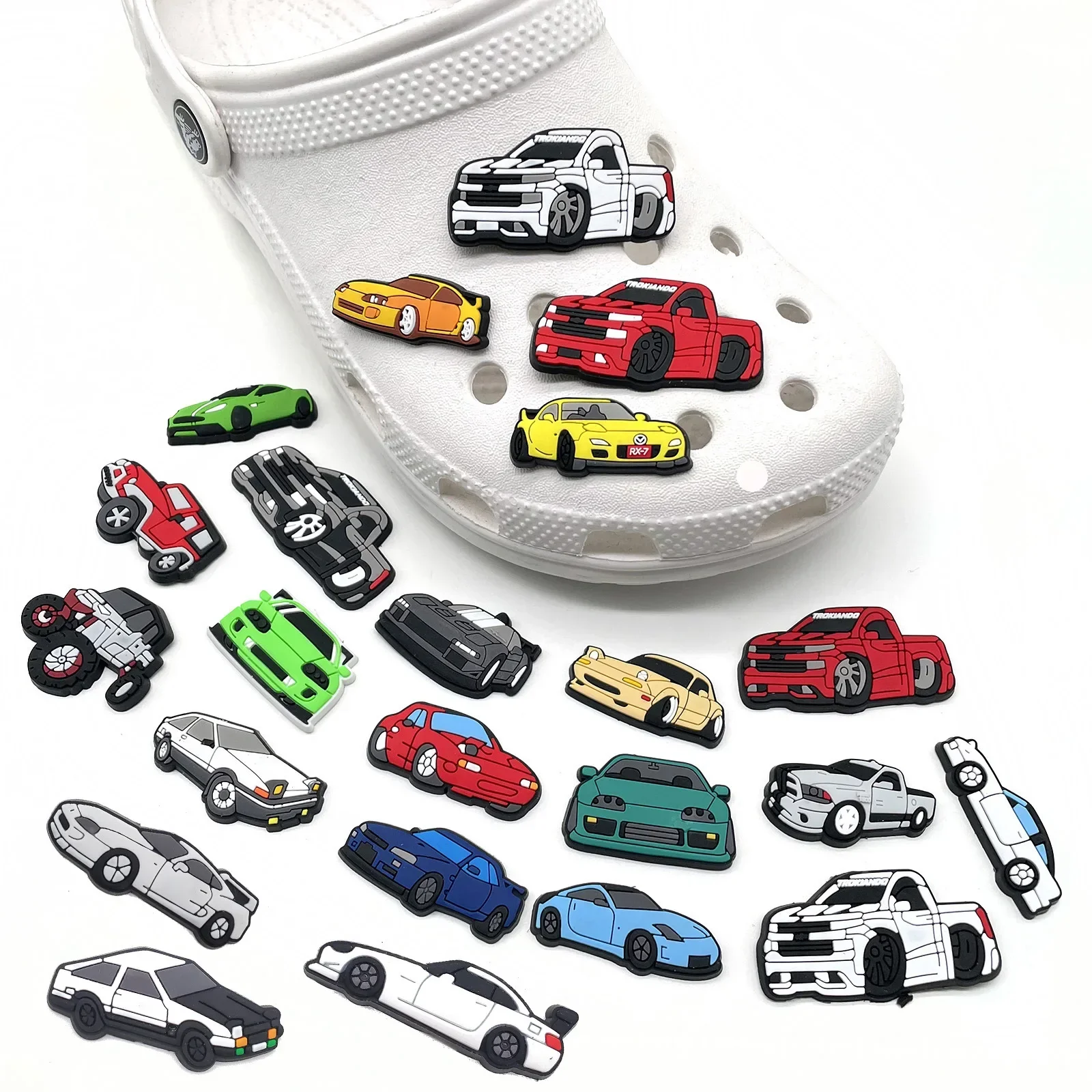 23Pcs Racing Pickup Truck Shoe Charms for Clogs Bubble Slides Sandals PVC Shoe Decorations Buckle Accessories for Kids