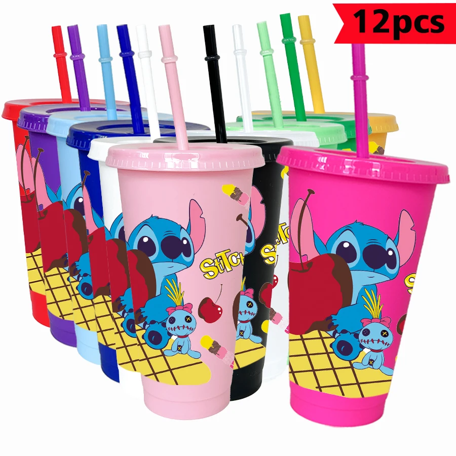 12 unids/lote Disney Stitch personaje rojo 26oz vaso de plástico de colores bebida para fiesta de cumpleaños jugo taza de café