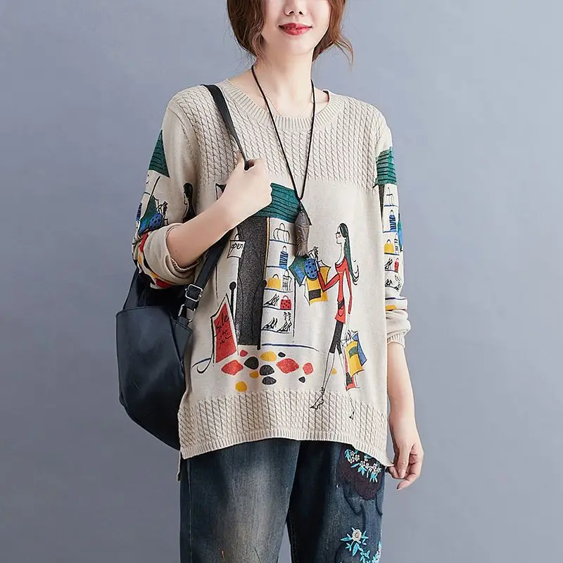 Autumn Winter New Literary Retro Sweaters Anime Printing O-Neck Loose Plus Size Women\'s Clothing Slight Strech Knitting Pullover