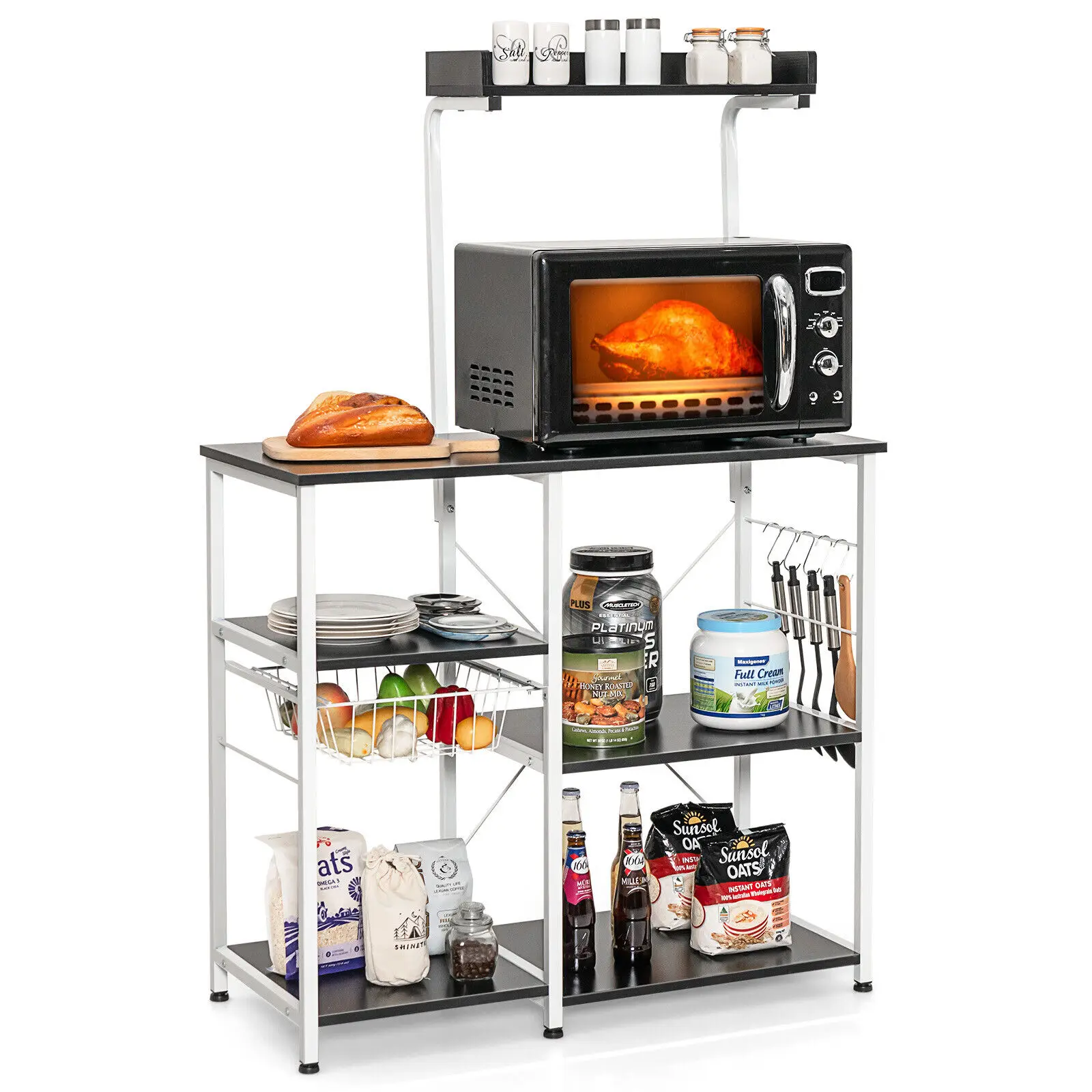 Costway 4-Tier Kitchen Baker's Rack Microwave Stand w/Basket & 5 Hooks Black