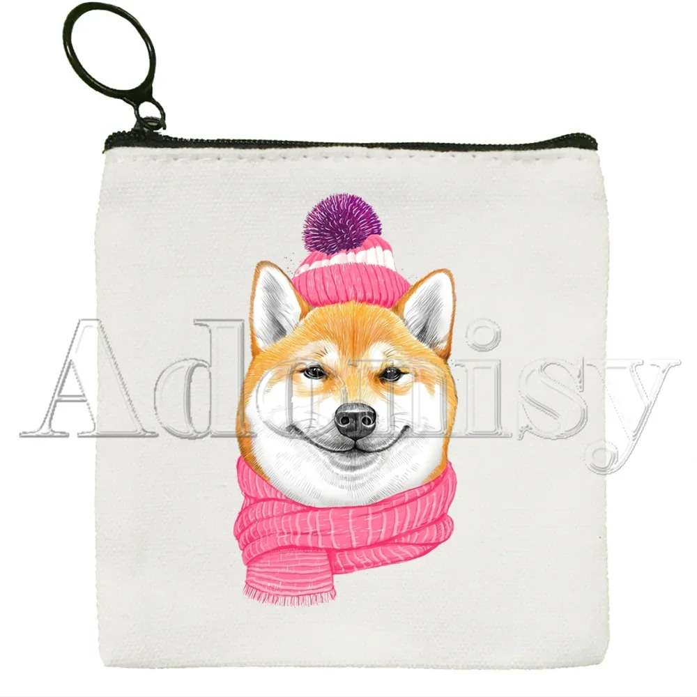 Bolsa de moedas Shiba Inu Canvas, Impressão Japonesa, Animal Engraçado, Bonito, Cor Sólida, Saco Chave com Zíper, Presente de Mão, Pequeno Fresco, Novo