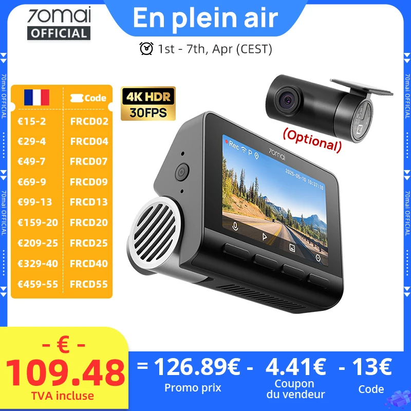 Nouvelle caméra embarquée 70mai A810S 4K HDR GPS ADAS Enregistrement automatique Détection de mouvement double canal Prise en charge 4G LTE DVR de voiture 70mai A810S Version globale