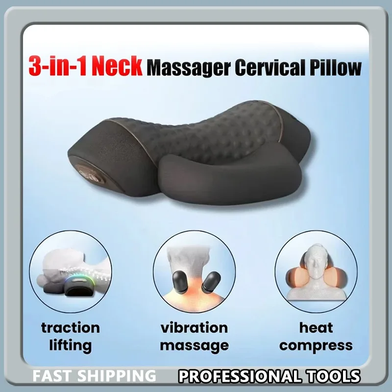 

Успокаивающий массажер для шеи 3 в 1, подушка для шеи с горячим компрессом, вибрационный массаж и тяга шеи, расслабляющая поддержка позвоночника для комфорта