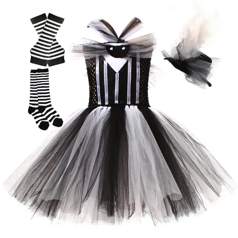 Girls' Skull-Themed Tulle Tutu Dress, Kids' Black-and-White Multi-Layer Tulle Princess Gown, Girls' Halloween Carnival  Clothing