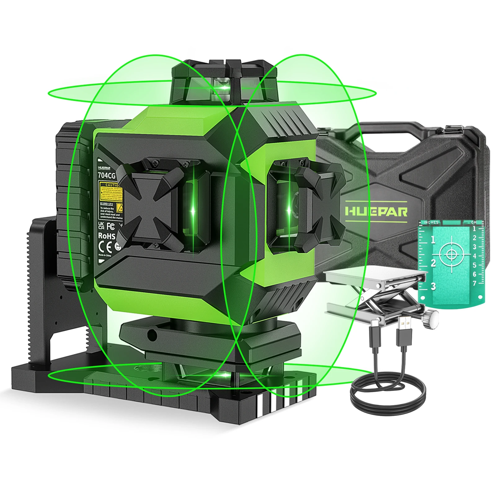 Livella Laser Huepar 16 Linee a Raggio Verde, Set di Strumenti Laser Autolivellanti a Croce con Luminosità Regolabile, Strumento di Livellamento 704CG