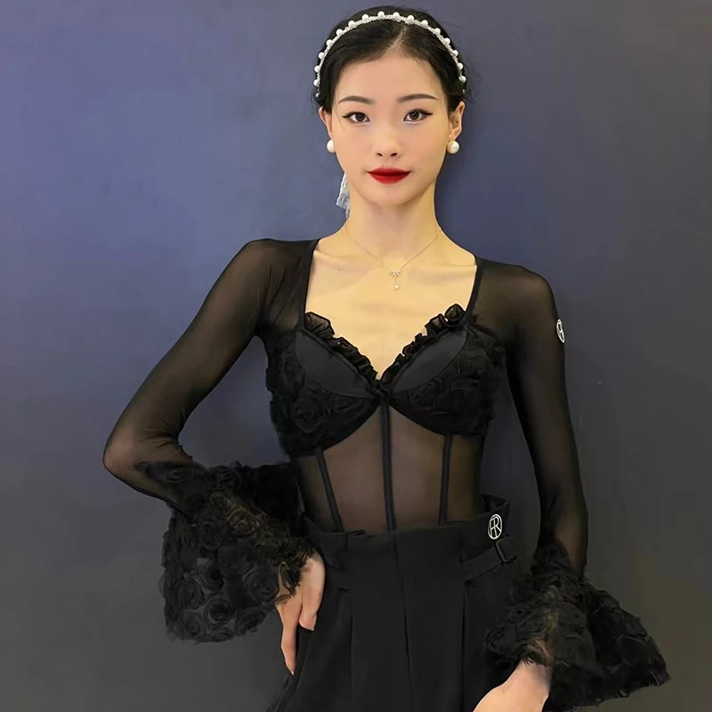 

New Modern Dance Tops For Women Training Dress Adult Puff Sleeve Social Dance Jumpsuit Chacha Tango Latin Dance Clothes DQS15287