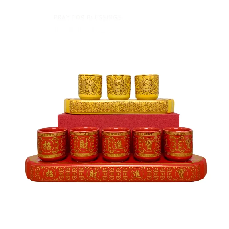 3 Altar Cups Set/5 Altar Cups Set, Ceramic Holy Water Offering Cup, Tibetan Buddhist Worship Cup (Red /Yellow)