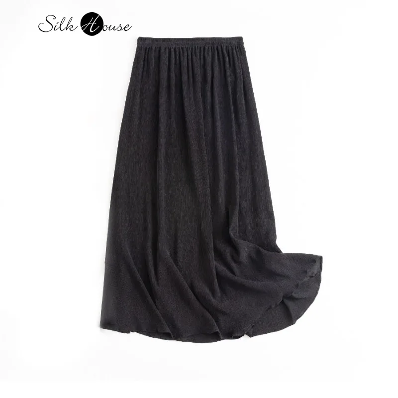 Smooth Versatile 28MM 100% Natural Mulberry Silk Bark Crepe A-line Black Large Swing Women's Casual Skirt