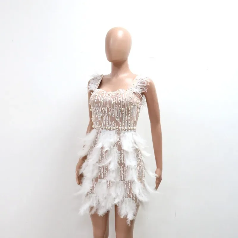 ผู้หญิงSequined Pearl Featherสายคล้องBodycon Midi Dress 2025 ฤดูร้อนเซ็กซี่ชุดราตรีVestidos