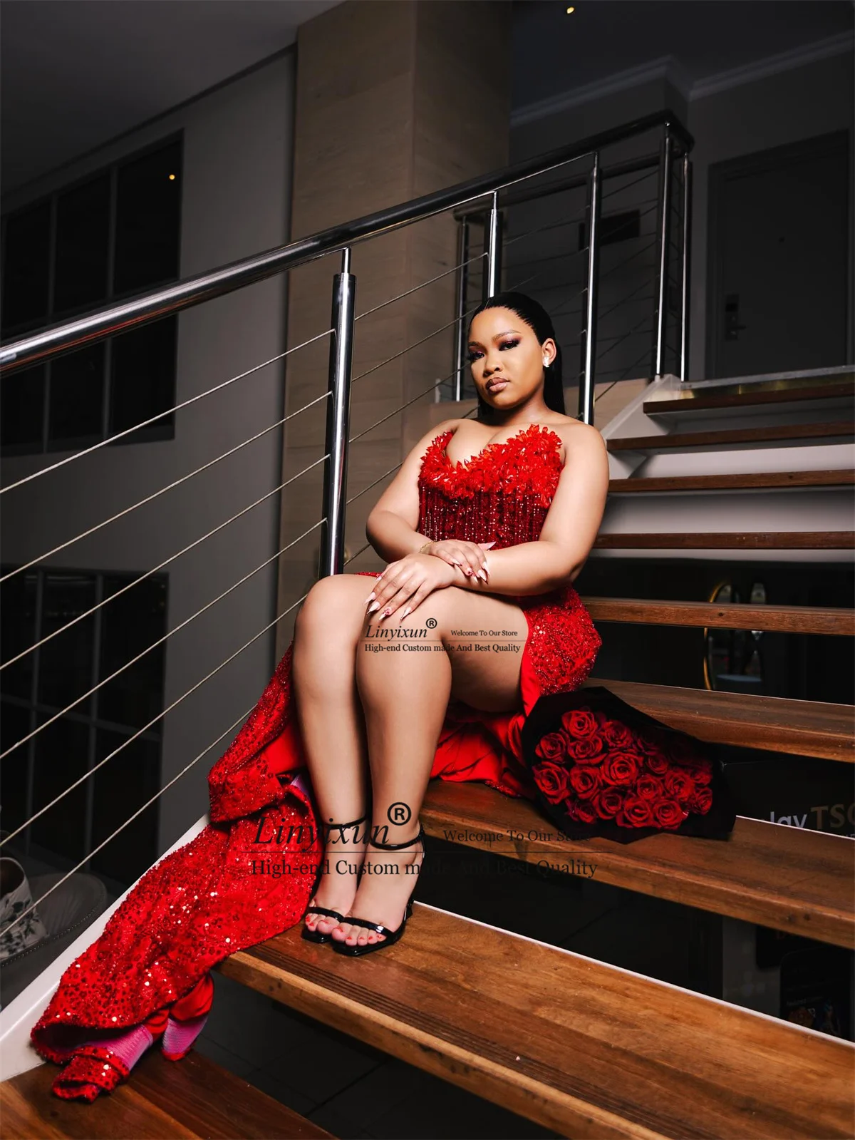 Glitzer Pailletten Kristalle Meerjungfrau Ballkleider Maßgeschneidert Sexy Seitenschlitz Abendkleid Schwarze Mädchen Aso Ebi Hochzeit Party Kleider