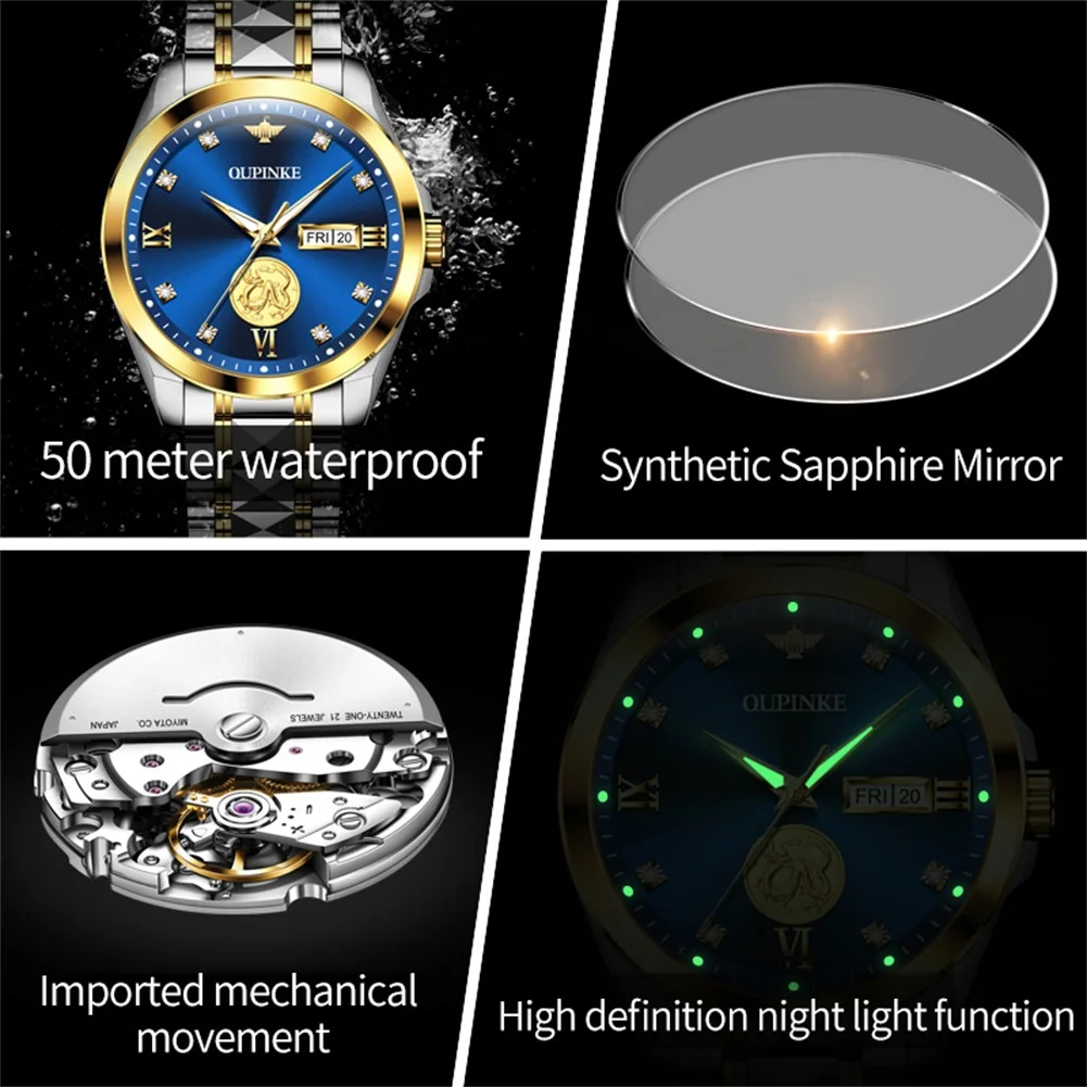 OUPINKE jam tangan pasangan otomatis, jam tangan mekanis otomatis penuh gerakan Jepang impor mewah naga emas asli untuk Pria & Wanita