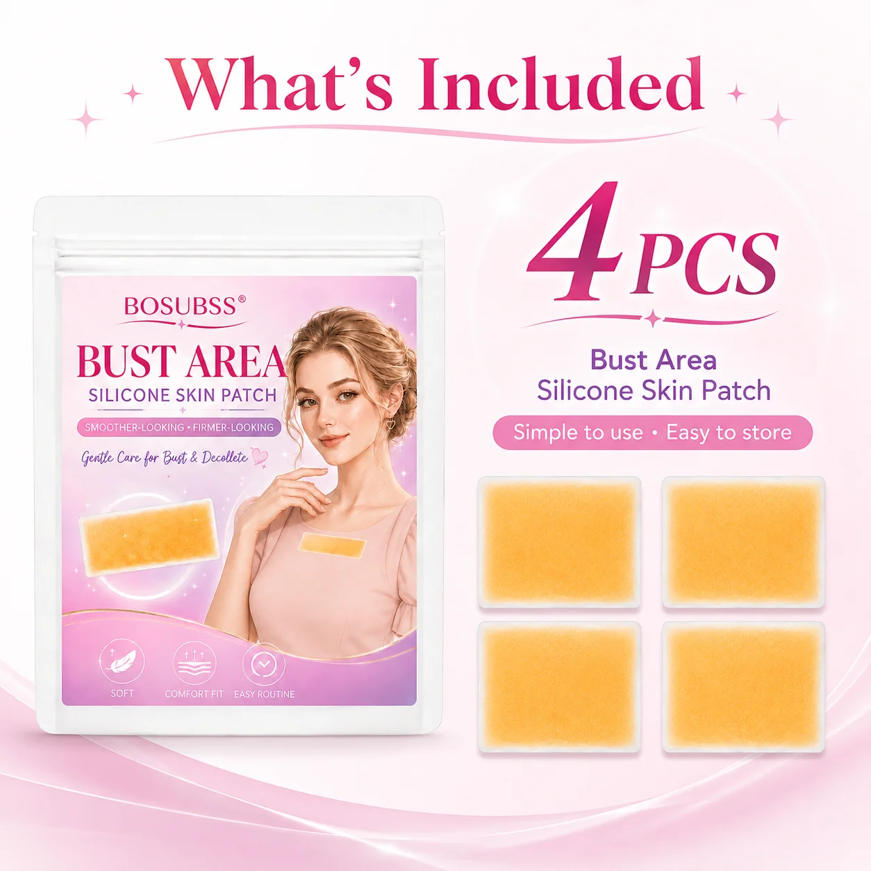 4PCS Silicone Chest Care Patches, Soft Flexible Bust & Décolleté Skin Patches, Comfortable Fit for Daily Body Care & Night Routi